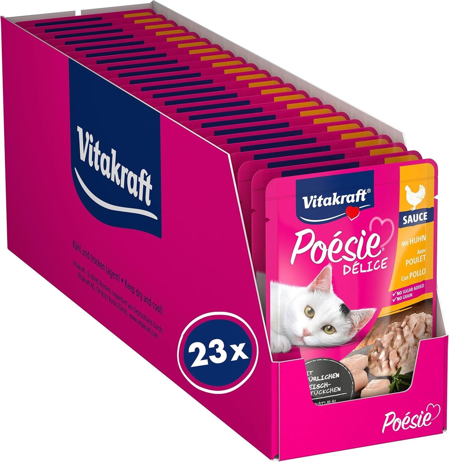 Vitakraft Poésie Délice, Nassfutter Katze, Katzennassfutter i sås, med kyckling, Vorratspackung, ohne Zusatz von Zucker och Getreide (23x 85g)