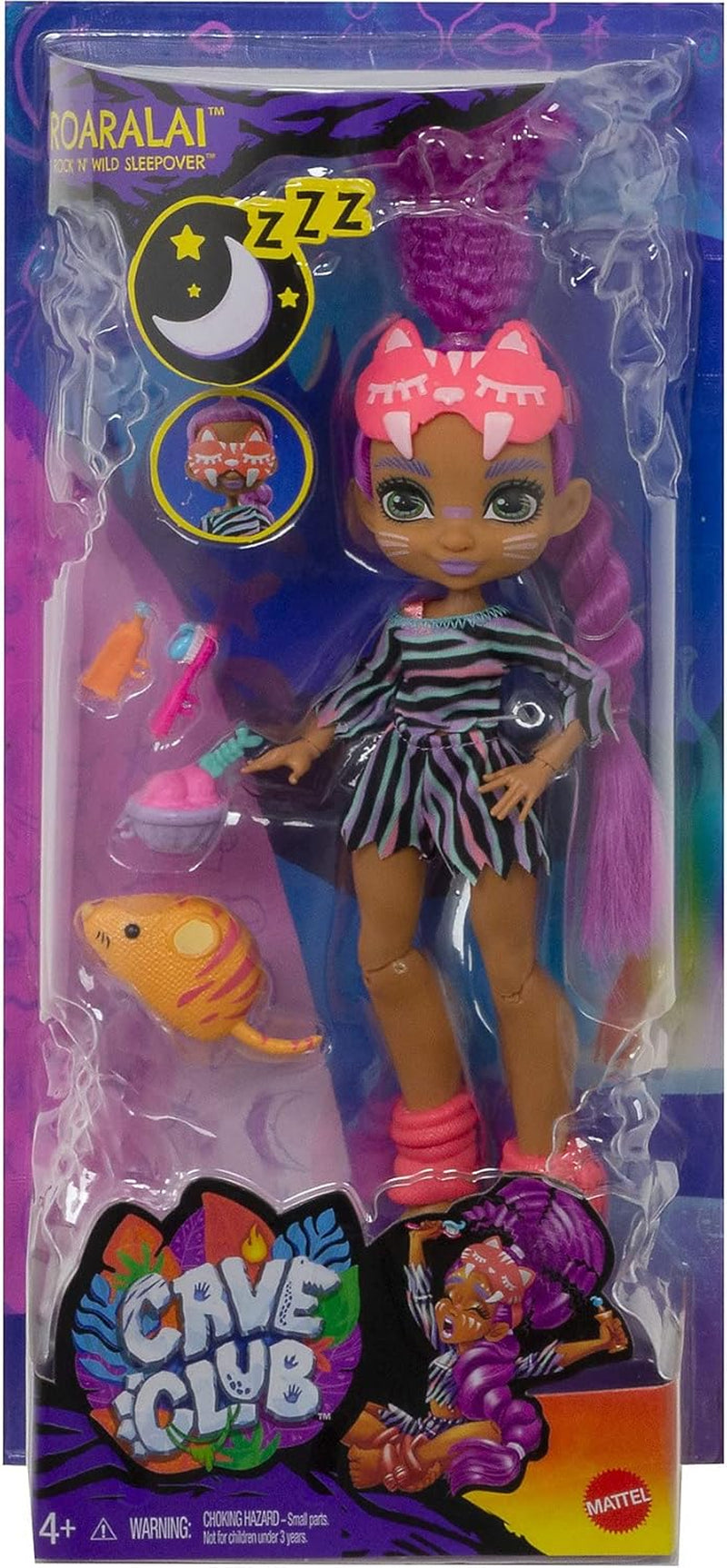 Cave Club GTH02 - Roaralai Pyjamas Party Fun Doll, Leddocka med lila hår och tillbehör, present till barn från 4 år och uppåt, Flerfärgad