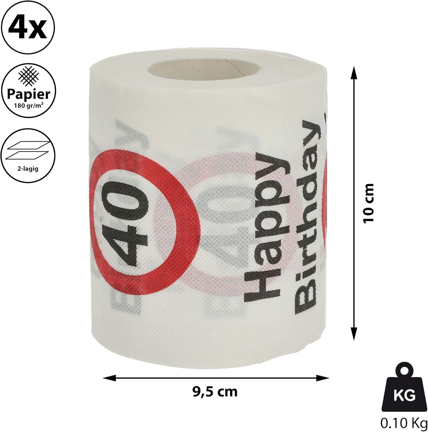 Set med 4 toalettpapper "Grattis på 40-årsdagen" │40-årsdagen 24 meter 2-tyger 180Gr/Qm │ Toalettpappersmotiv toalettpapper (4 x toalettpapper 40)