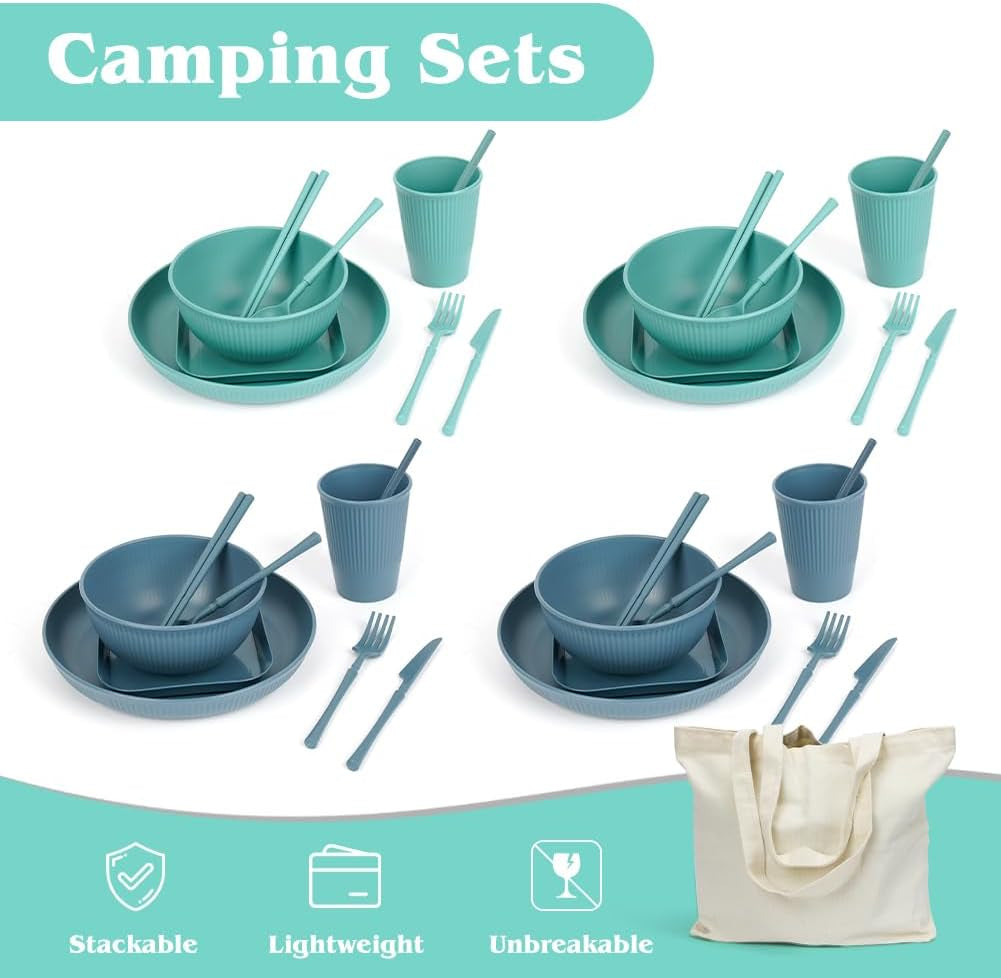 53-delade 4-personers campingservis, oförstörbar 4-personers campingservis, lätt plastservis med bärväska, stapelbara tallrikar och skålar, BBQ trädgård picknick servis