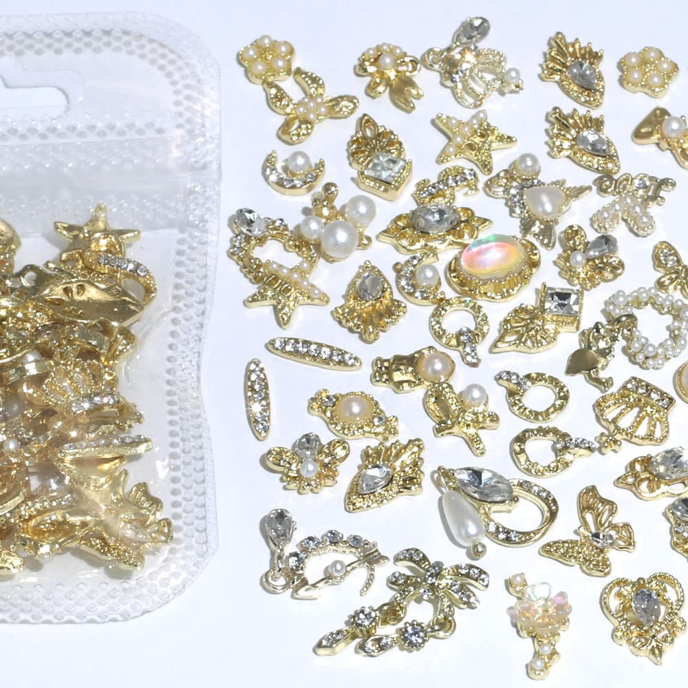 50 Stück Gold Nail Charms, Mix Styles Glitzersteine Nägel Perle Legierung Nagel Steine Blume Schmetterling Strasssteine Nägel Herz Stern Nagel Charms DIY Nail Art Zubehör Frauen Nägel Deko