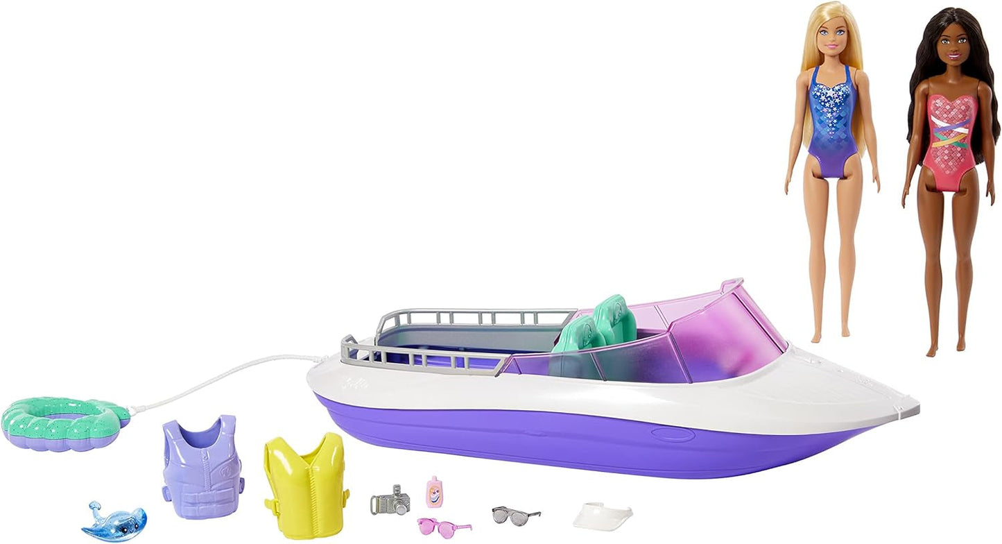 Barbie HHG60 - sjöjungfrumotorbåt med 2 dockor (blond/brunett) och olika tillbehör, leksak för barn från 3 år och uppåt