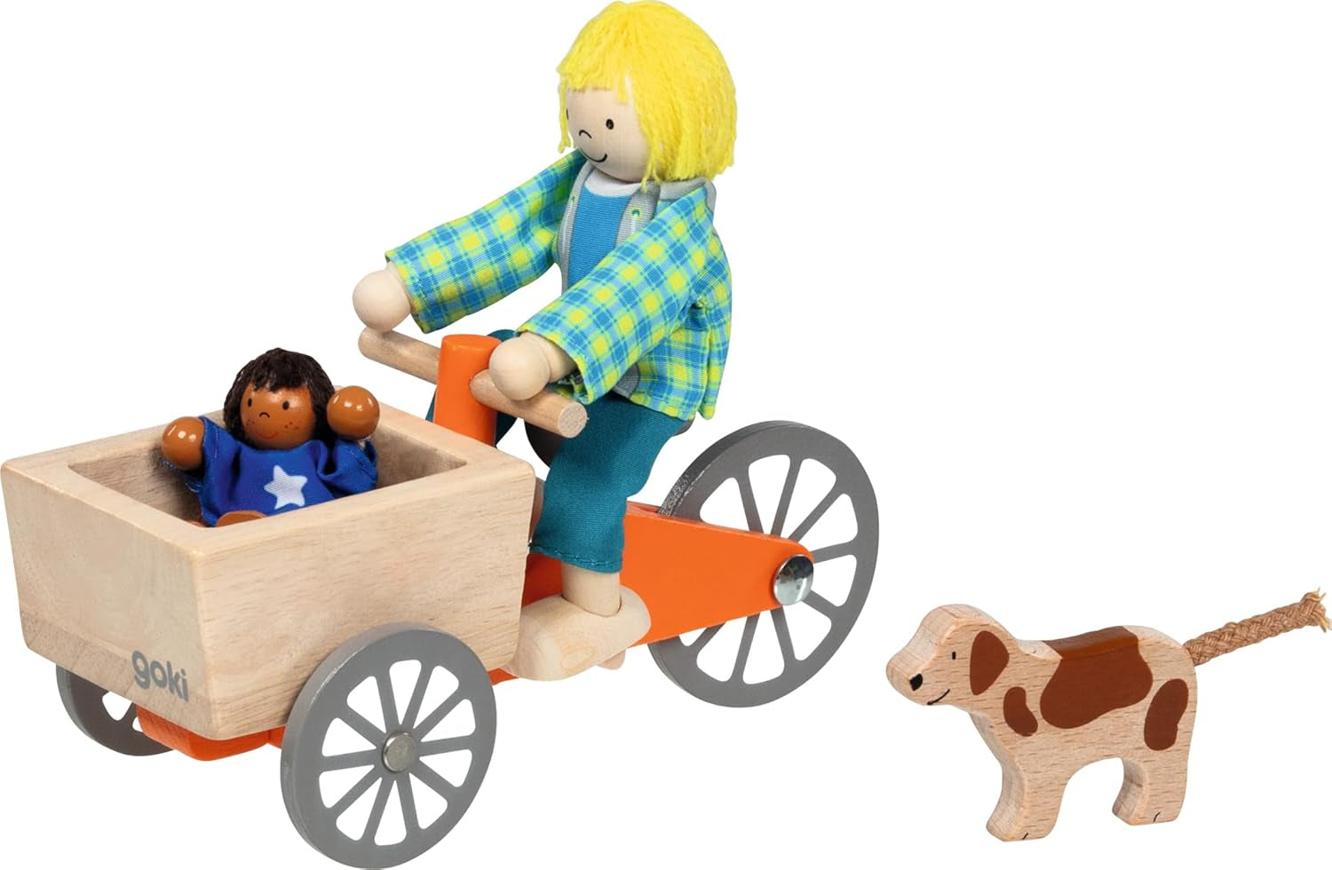 Lastcykel med 2 flexibla dockor och hund: Lastcykel: 16 x 6,8 x 7,5 cm, trä, tyg, 4 stycken, per set, brun