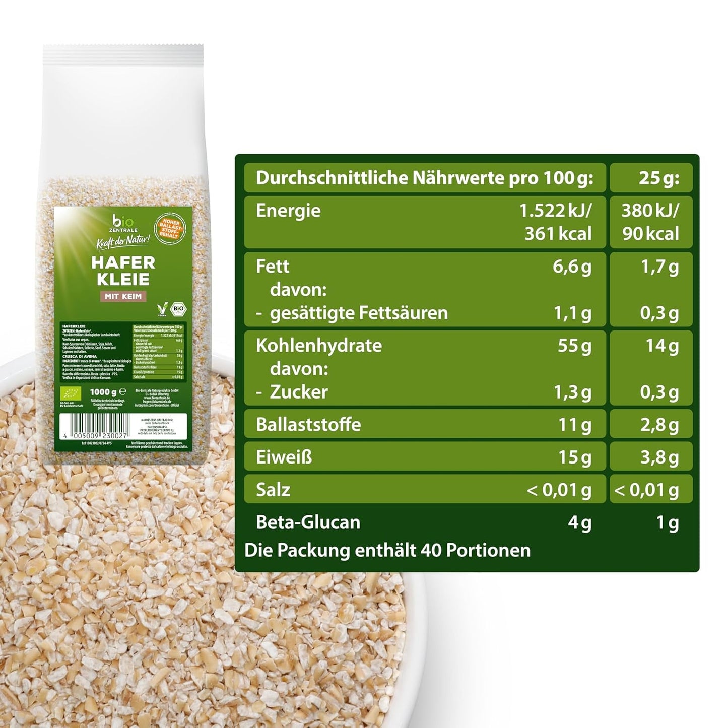 Biocentral ekologisk havrekli 1 kg | Fördelaktigt paket | Proteinkälla med hög fiber | Naturligt vegansk | Från EU:s jordbruk | Lågt sockerinnehåll