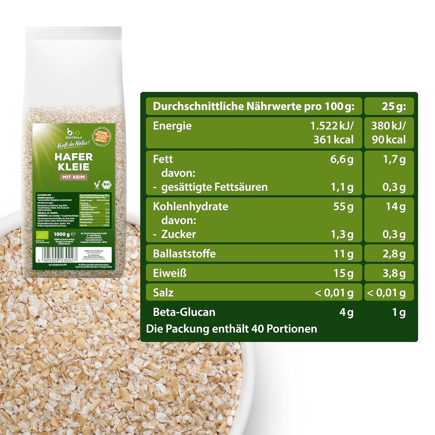 Biocentral ekologisk havrekli 1 kg | Fördelaktigt paket | Proteinkälla med hög fiber | Naturligt vegansk | Från EU:s jordbruk | Lågt sockerinnehåll