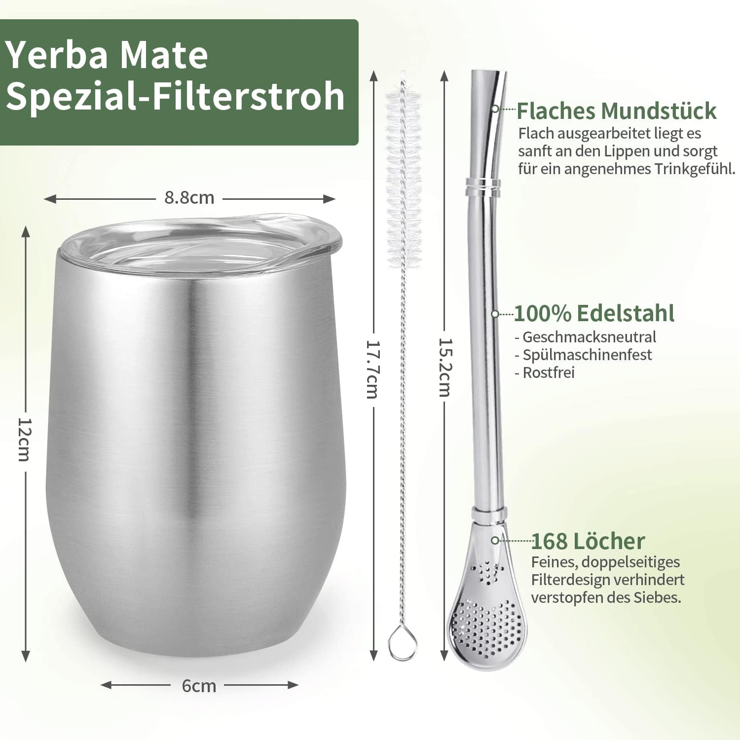 Modern Mate-mugg 340 ml, isolerad dubbelvägg i rostfritt stål Yerba Mate-muggset, Mate-temugg med BPA-fritt lock, Bombillas och en rengöringsborste (silver)