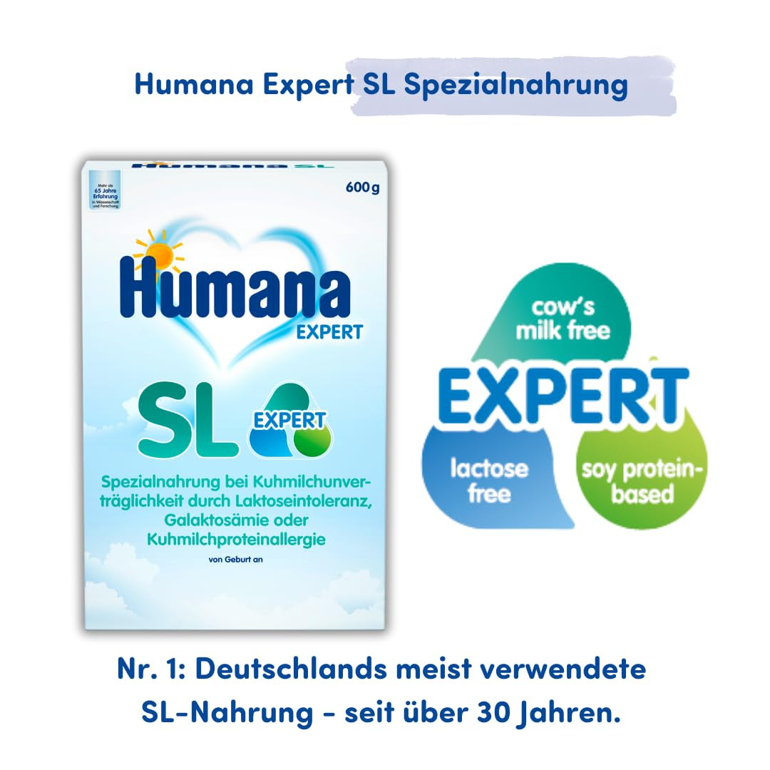 Humana SL Expert, från födseln, specialformel för komjölkintolerans orsakad av laktosintolerans, galaktosemi eller komjölksproteinallergi, för spädbarn och småbarn, 600g