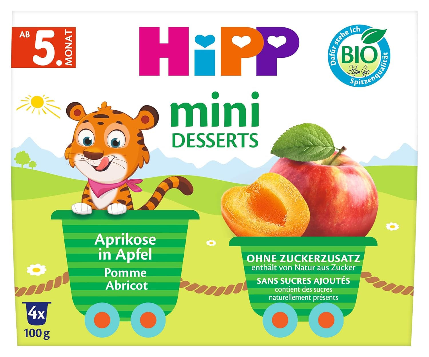 HiPP Organic Mini Dessert med aprikos och äpple (förpackning om 6 x 4 x 100g), från 5 månader, i praktiska koppar, utan tillsatt socker, bästa ekologiska kvalitet