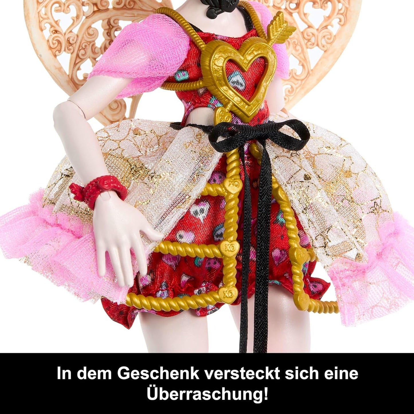 Monster High Skrämmande söt födelsedag Cupid Asteria docka i rosa och röd festklänning med tillbehör som inbjudan, ballong, present och mer, JBG77