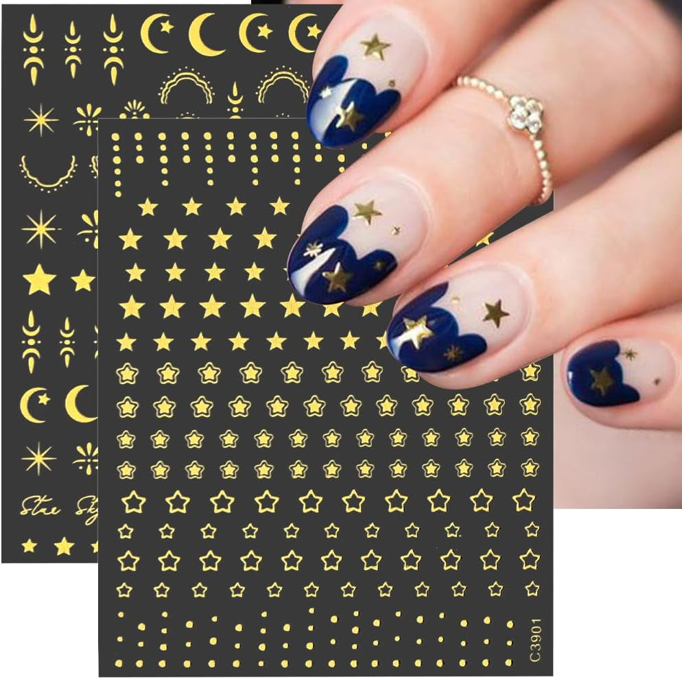 guldstjärna och måne nagelklistermärken, änglavingar, bruna guld nagelklistermärken, stjärnor, nagelfolie, nagelklistermärken, tillbehör till nageldesign, nagelklistermärken