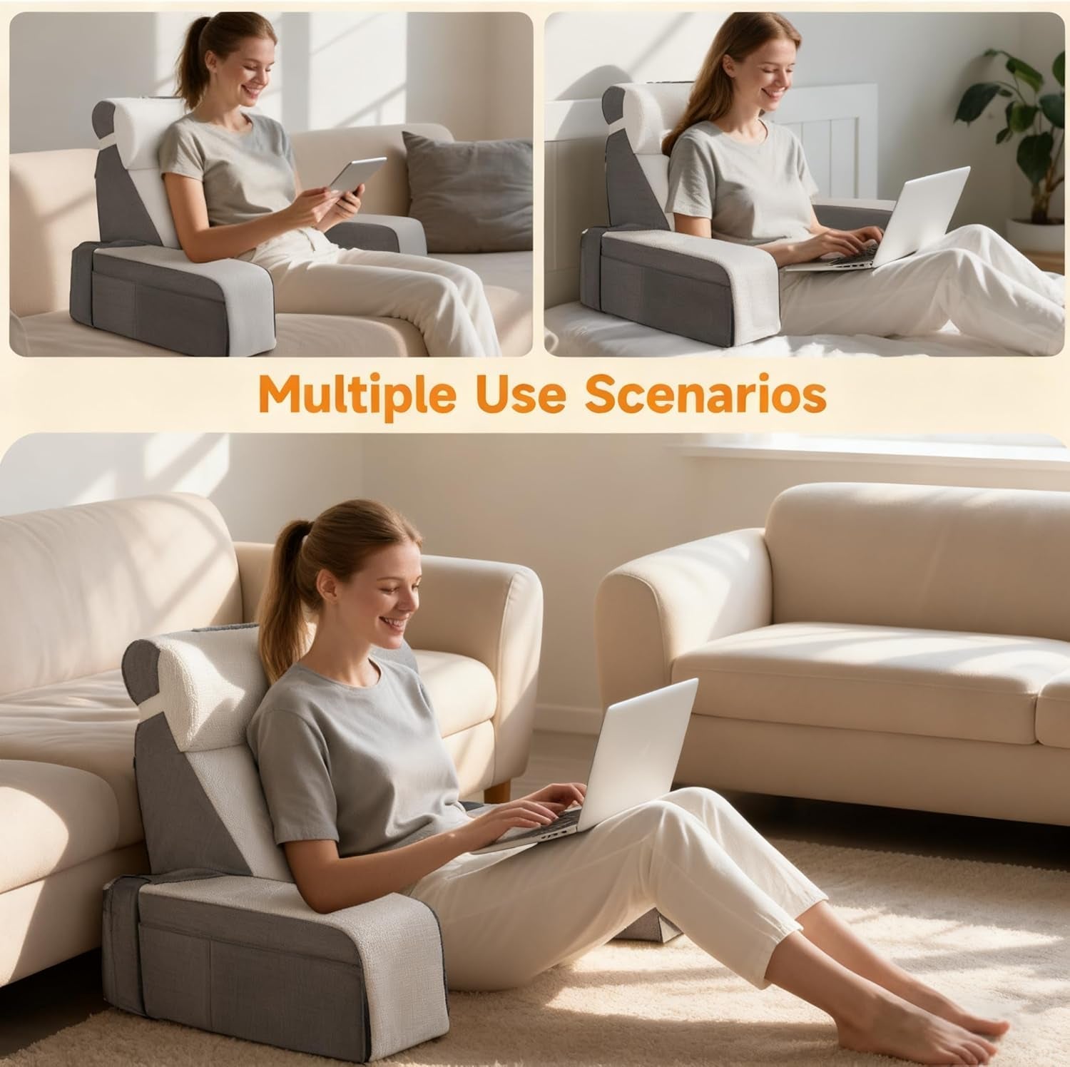 Stor läskudde med avtagbart nackstöd och armstöd, ryggkudde till sängen, ergonomisk ryggkudde med arm, ficka och tvättbart överdrag för läsning och tv-tittande.