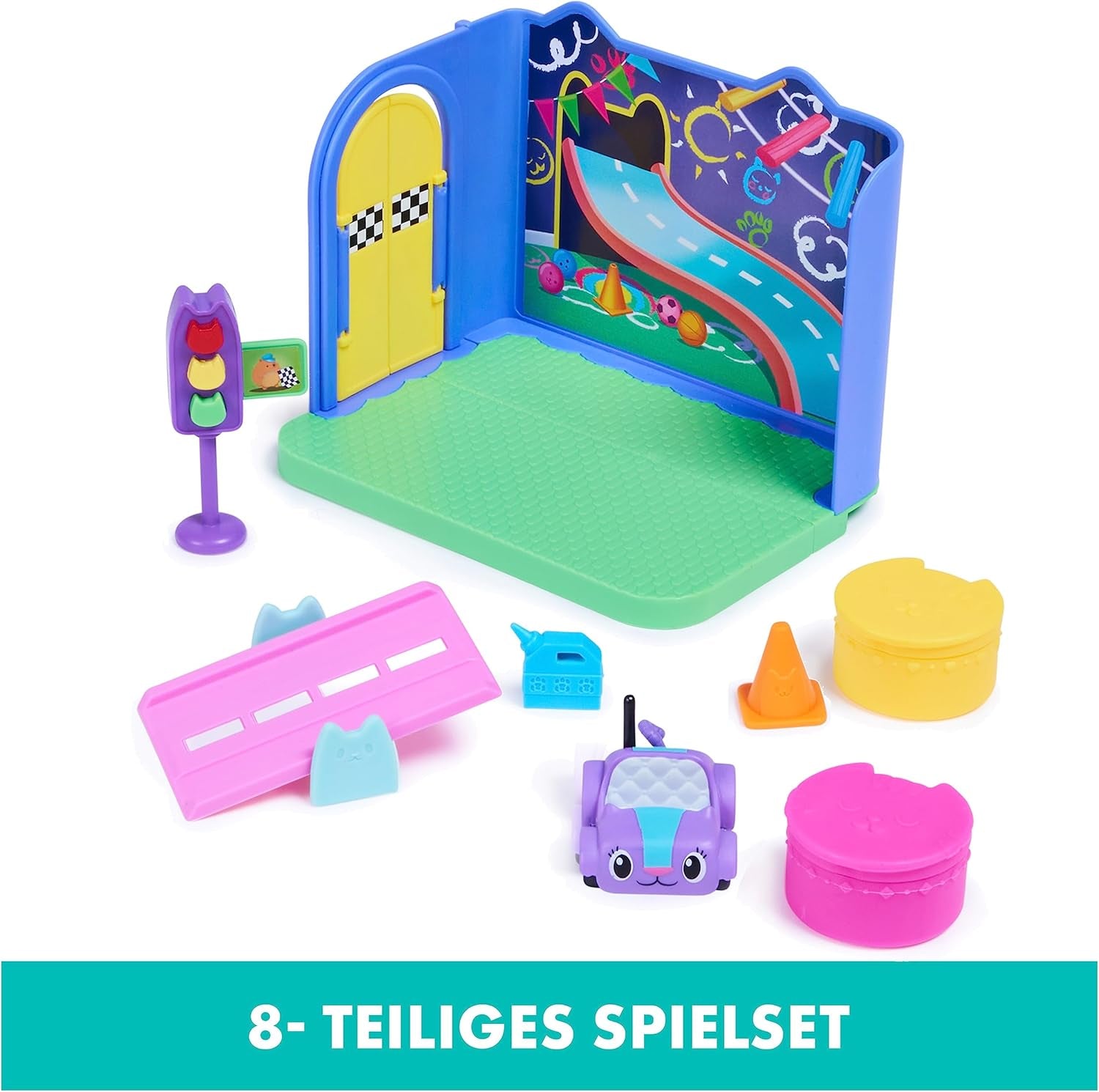 Gabby's Dollhouse Deluxe-rum, Purr-Ific-lekrum, lekrum med Carlita-leksaksbil, 2 möbler och 2 överraskningslådor med tillbehör, lämplig för åldrarna 3+ Naty Shop Dollhouses