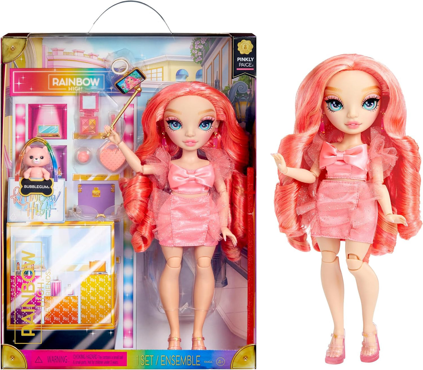 Rainbow High Fashion Doll - Pinkly Paige - Rosa modedocka i en modeoutfit - med glasögon och över 10 färgglada lektillbehör - Idealisk för 4-12 åringar och samlare