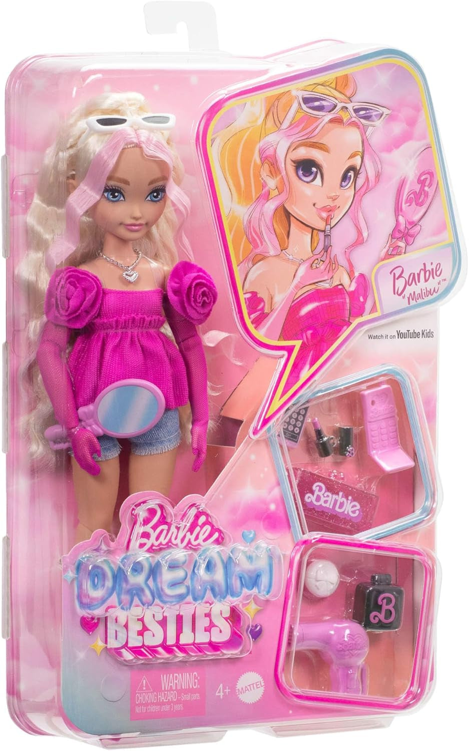 Barbie Dream Besties Puppe and Accessories, bewegliche Barbie Malibu“ Modepuppe mit welligem blonden Haar, 11 Teile zum Thema Make-up och Haare, HYC21