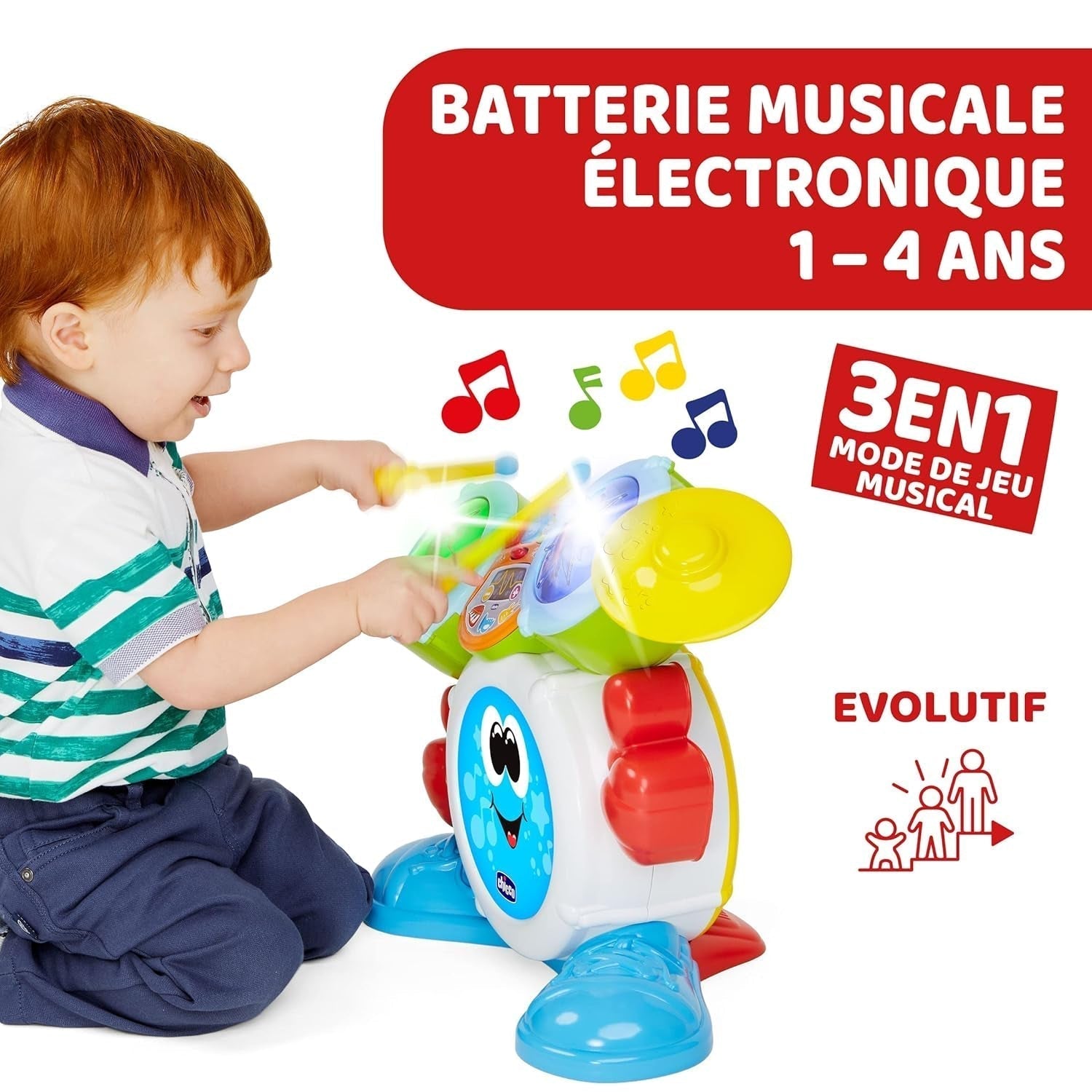 Chicco 00009820100000 Mi första trumset med ljus och ljud, 3 spellägen Musikinstrument med batteri för barn, flerfärgad, stor Jucarii Bebe Naty Shop