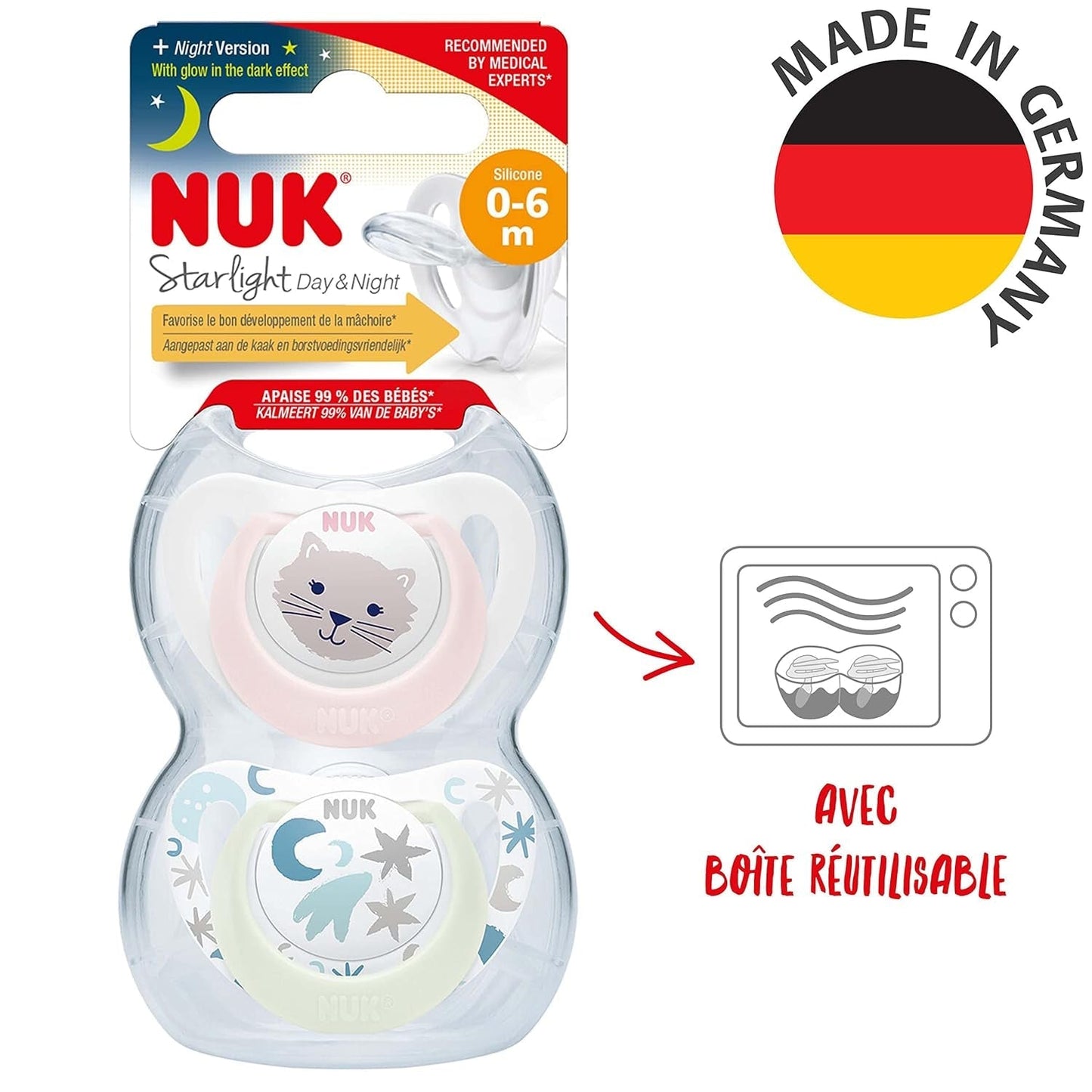 NUK Star Night & Day Baby Napp 0-6 Months Glow in the Dark BPA-fri Silikon Rosa Cat 2 Pack
