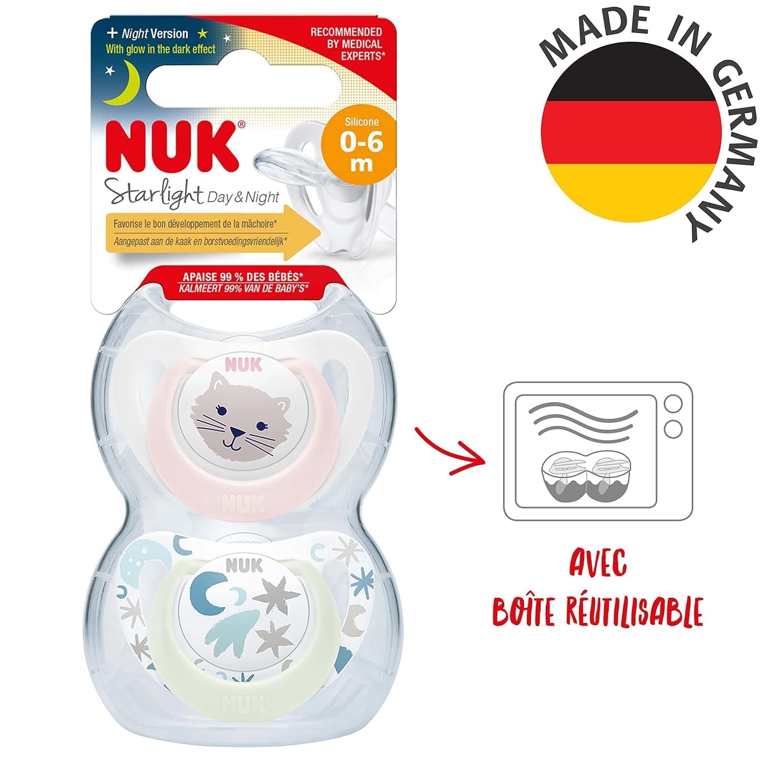NUK Star Night & Day Baby Napp 0-6 Months Glow in the Dark BPA-fri Silikon Rosa Cat 2 Pack