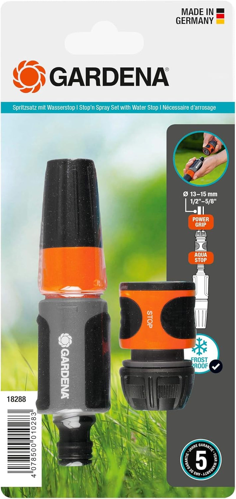 Gardena sprayset för 13 mm (1/2 tum) och 15 mm (5/8 tum) slangar: Rengöringssprayset med Aquastop för snabbt byte av anslutning (18288-20)