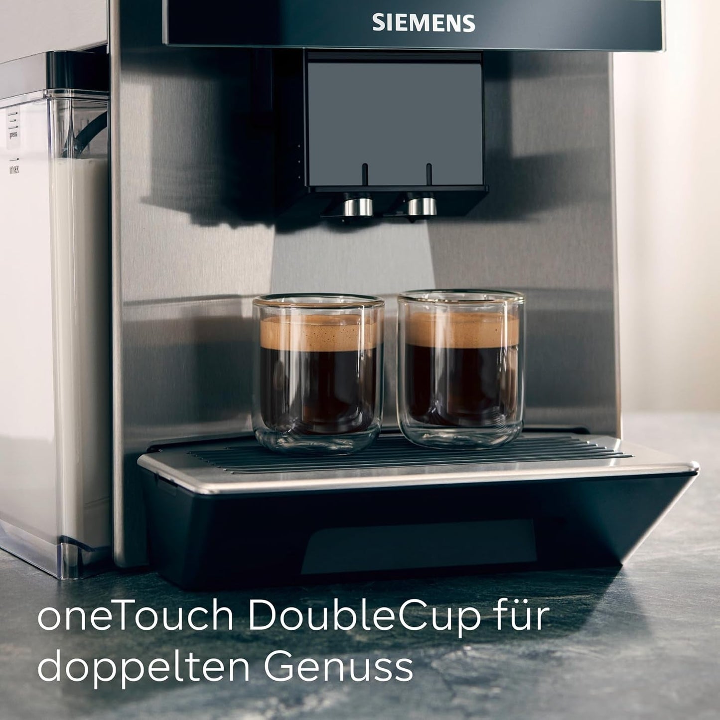 Siemens EQ900 automatisk espressomaskin, stor TFT-färgskärm, 2 bönbehållare, 36 varma och kalla drycker, kallt kaffe, supertyst, tvåkoppsfunktion, appkontroll, rostfritt stål, TQ907D03