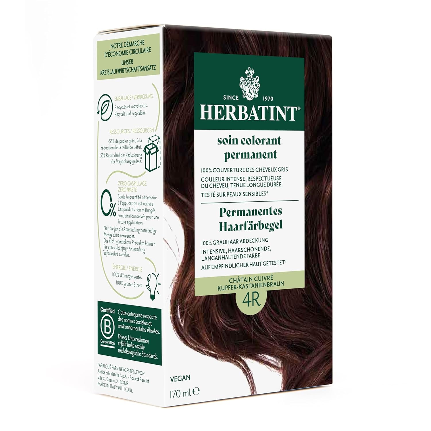 Permanent hårfärgsgel 6N mörkblond - 170 ml I ammoniakfri, 100 % grått hårtäckning Jag testade på känslig hud, med 8 växtextrakt Naty Shop Hair Dye 4R Kopparbrun