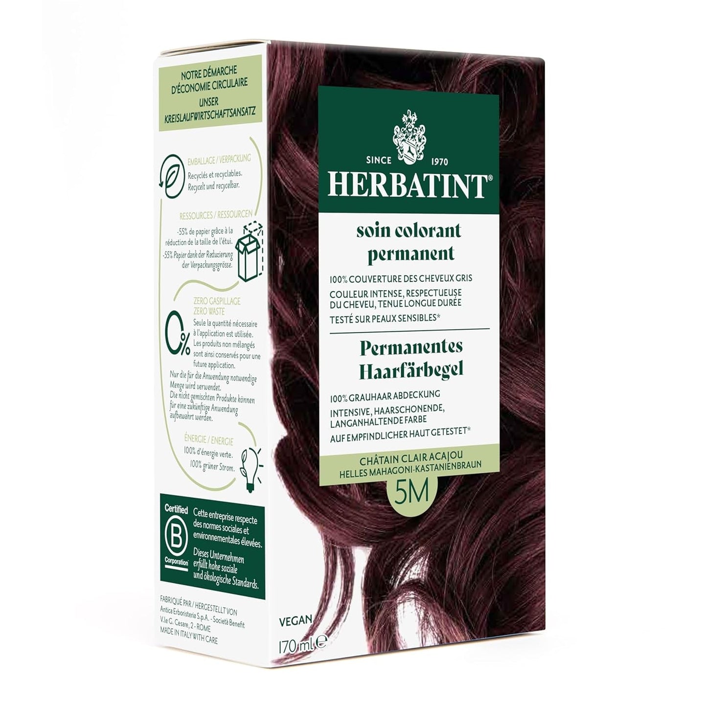 Permanent hårfärgningsgel 6N mörkblond - 170 ml I Ammoniakfri, 100 % täckning av grått hår I Testad på känslig hud, med 8 växtextrakt Hårfärgningsmedel Naty Shop 5M Ljus mahogny kastanjbrun