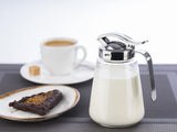 APS 765 Universalmugg, hällmugg i glas med skruvlock i rostfritt stål, hällmugg för honung, kaffegrädde eller andra vätskor, 8,5 x 12 cm, 13 cm hög