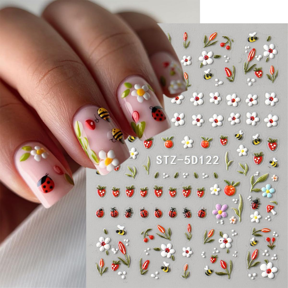 JMEOWIO 3D Nagelsticker Blumen Frucht Nail Art Sticker Selbstklebend Nagelaufkleber 5D Stereoskopisk Dekoration Nageldesign Zubehör 4 Blatt