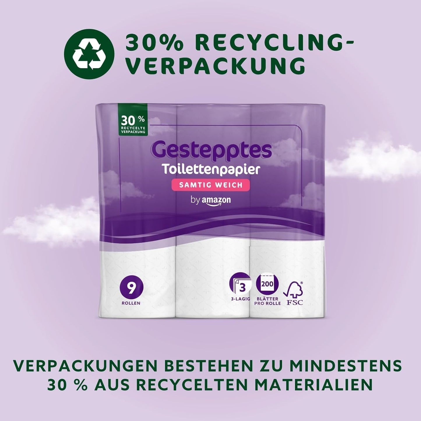 By Amazon Toalettpapper, 3-lagers vadderat, sammetsmjukt, 36 rullar (9 rullar, paket med 4), 200 ark per rulle, Fsc-certifierad