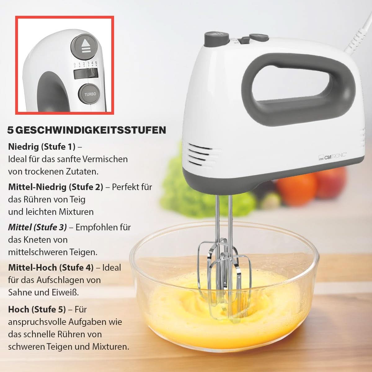 Clatronic Mixer | Kraftvoller 400 Watt-motor | Handmixer | Turbostufe & 5 Geschwindigkeitsstufen | Handmixer | Spülmaschinengeeignete Edelstahlquirle Und -Knethaken | HM 3775 Kitchen Naty Shop
