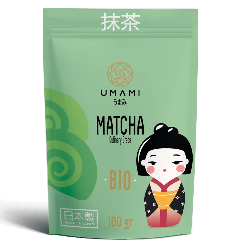 Umami Bio Matcha grönt tepulver - kulinarisk kvalitet, odlat i Uji, Kyoto (Japan) från ekologiskt jordbruk. Utmärkt för att dricka eller för matlagning i köket 100 g...