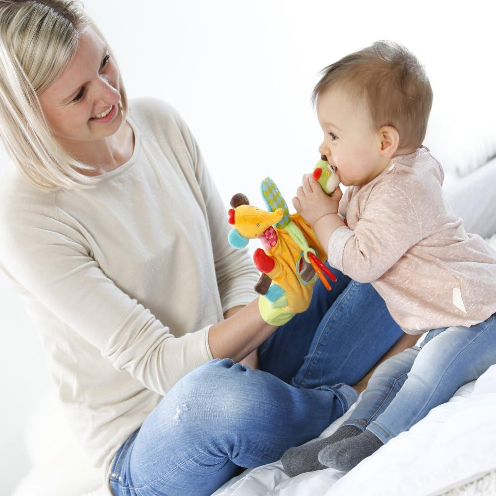 Fehn Play Glove Safari - Fingerdockor Babyleksak Apa & elefant för att greppa och göra ljud & mjuk bilderbok Bruno - Touch Book för barn med djurmotiv Babyleksaker Naty Shop