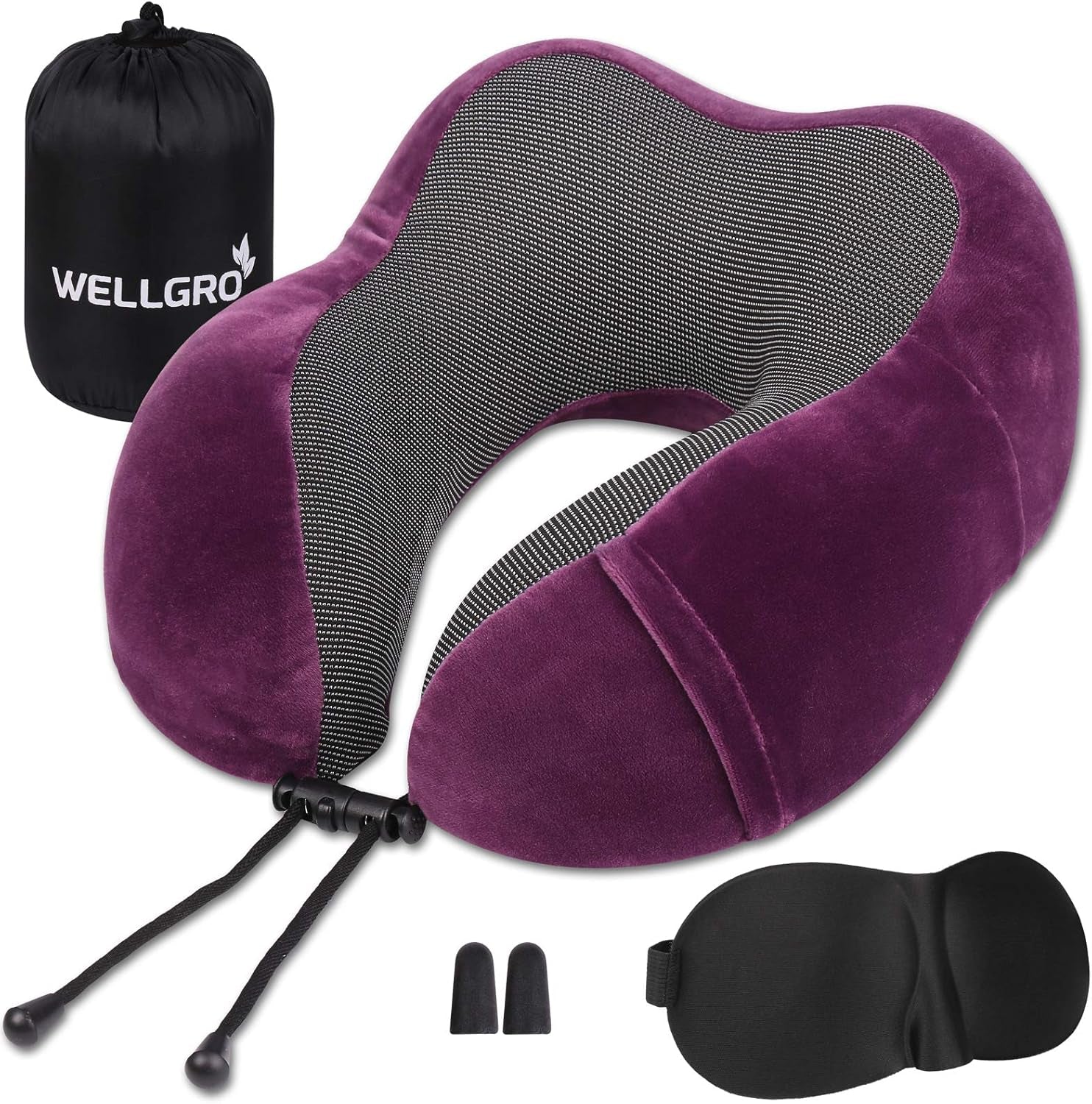 WELLGRO Nackkuddsset med 3D-sömnmask och öronproppar - Avtagbart skydd - Memory Foam - Dragkedja - Inklusive förvaringsväska - Resekudde - Valbar färg, Färg:Grå Naty Shop Fuchsia ortopediska livmoderskuddskuddar