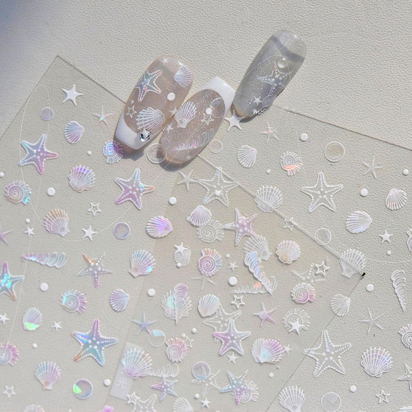 JMEOWIO 3D Nagelsticker Aurora Muschel Seestern Nail Art Sticker Selbstklebend Nagelaufkleber 5D Stereoskopisk Ozean Thema Dekoration Nageldesign Zubehör 1 Blatt