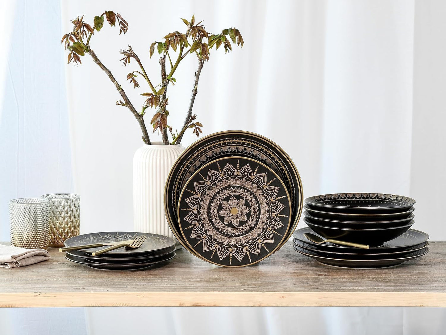 CreaTable, 23588, MANDALA GOLD Series - Svart, 12-delat servisset, porslinstallrikar, diskmaskin och mikrovågssäker, kvalitetstillverkning