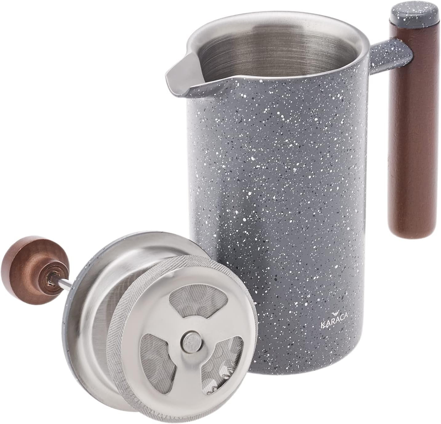 KARACA Marmor dubbelvägg fransk press med kastanjehandtag - isolerad fransk press för kaffe - Hemresor Camping kaffebryggare - 350 ml - mörkgrå
