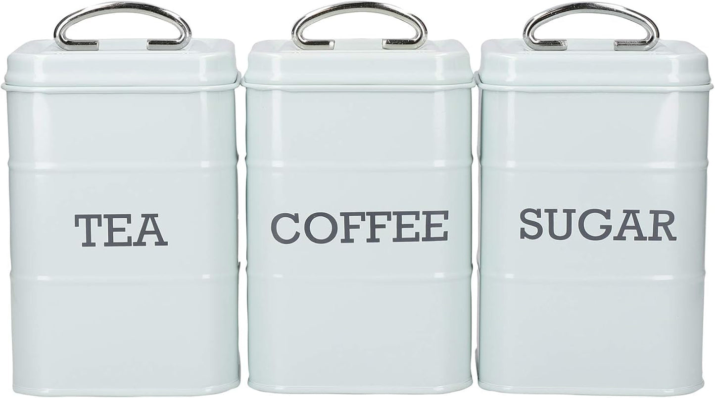 KitchenCraft Living Nostalgia Set med 3 Tesocker Kaffeförvaringsburkar i presentförpackning Stål Antik kräm 11 cm x 11 cm x 17 cm Vintage blå matförvaringslådor Naty Shop Antique Cream