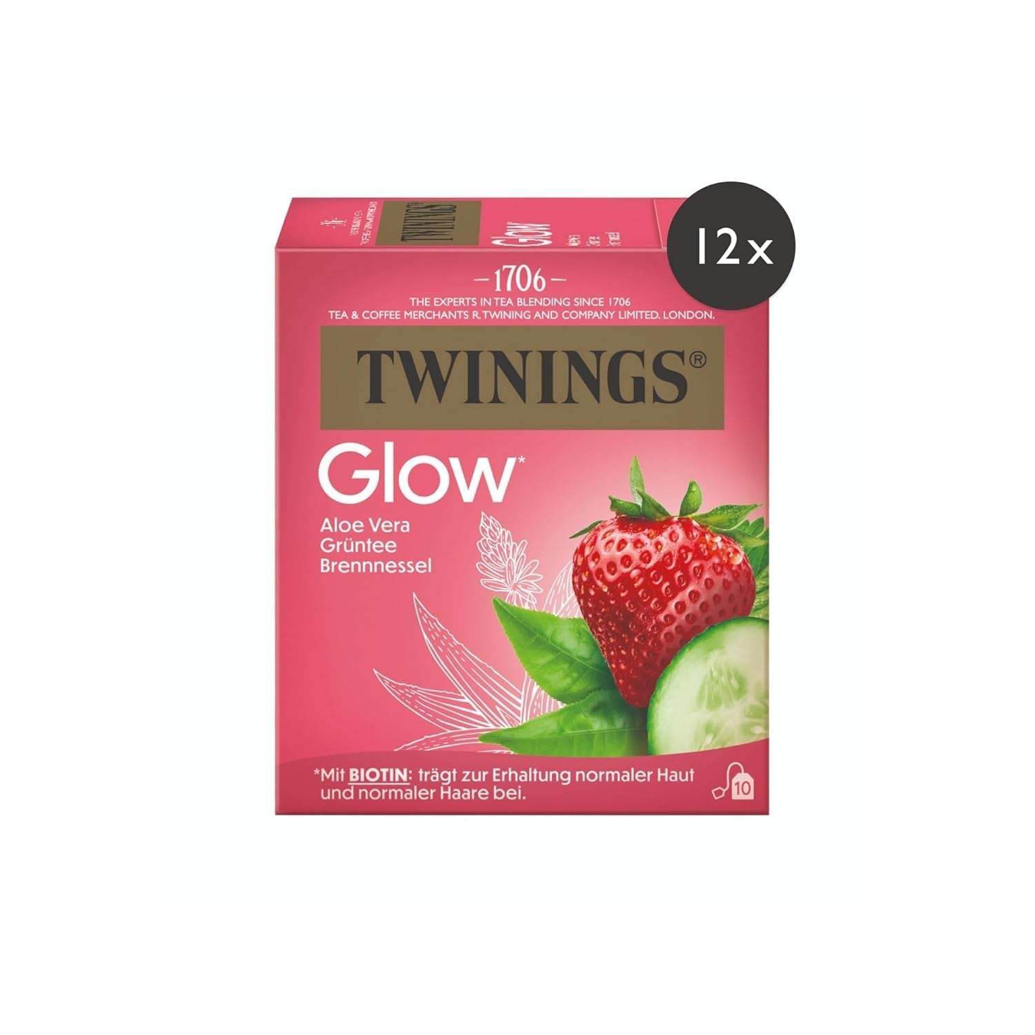Twinings GLOW Aloe Vera & Nässla Grönt Te med Biotin - Örtteblandning för naturlig hud- och hårvård 12-pack (10 påsar vardera)