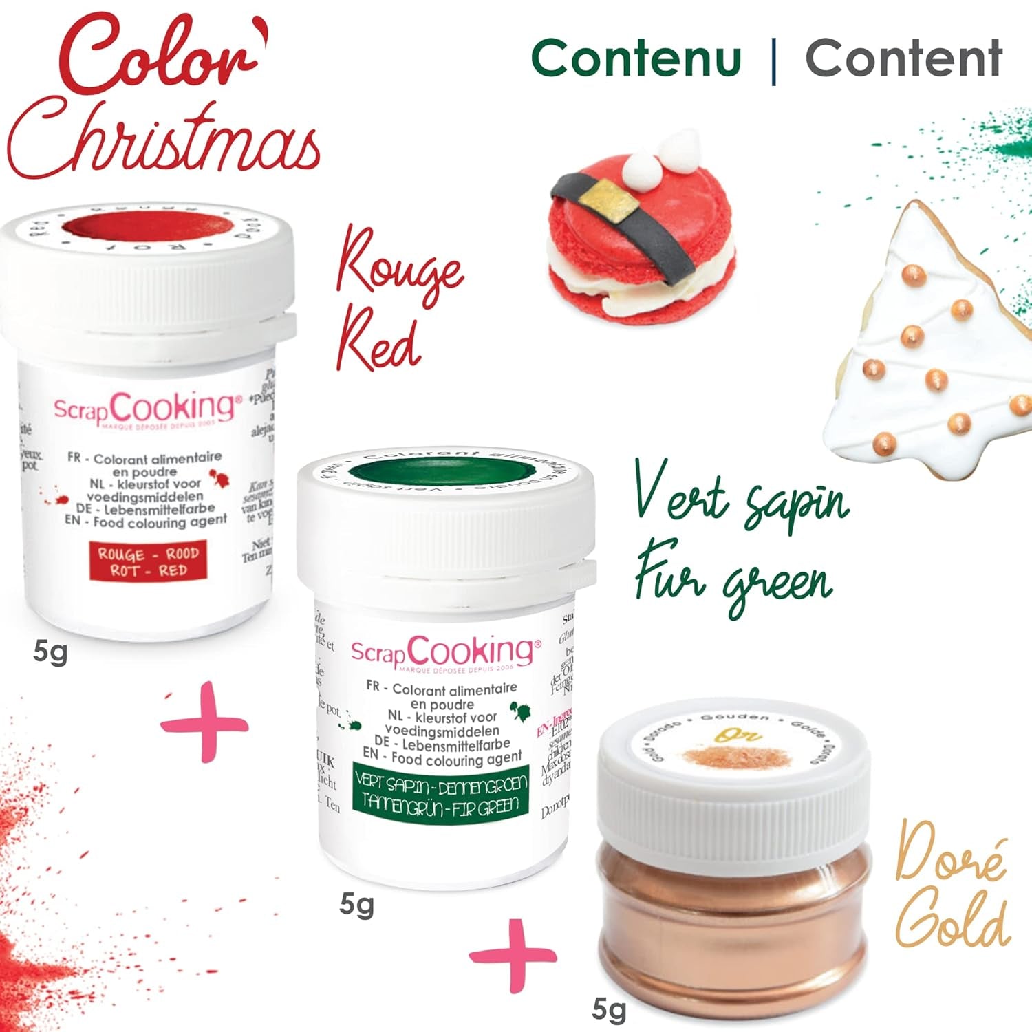 Scrapcooking - Set med 3 pulveriserad julmatfärgning - röd, grön, guld - ätbar matfärg för bakning, kakor, kakor, bakverk, deg, fondant - juldekorationer - 4018