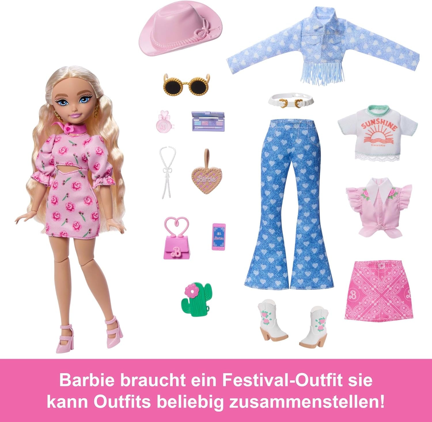 Barbie Dream Besties Festival Looks Set, med Barbie Malibu docka med långt blont hår för styling och över 10 avtagbara kläder och accessoarer, JGH87