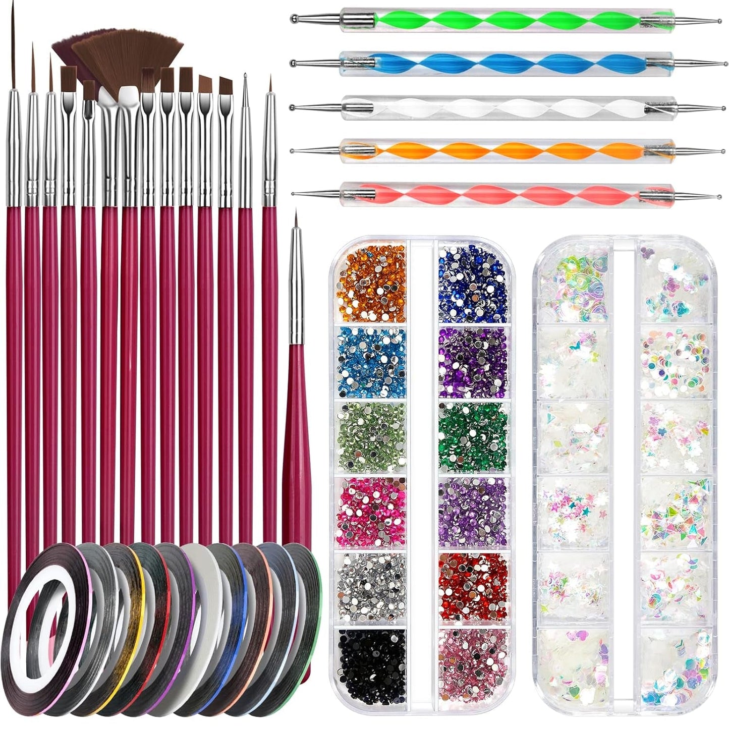 FANDAMEI Nail Art Brush Set, 15 Stücke Pinsel Für Gelnägel Nagel Pinsel, 5 Stücke Dotted Pen, 10 Rolle Streifenband Nägel, Strasssteine ​​​​Nägel, Ultra Dünn Nagel Paillettes Für Nagelkunst Maniküre Set