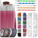 FANDAMEI Nail Art Brush Set, 15 Stücke Pinsel Für Gelnägel Nagel Pinsel, 5 Stücke Dotted Pen, 10 Rolle Streifenband Nägel, Strasssteine ​​​​Nägel, Ultra Dünn Nagel Paillettes Für Nagelkunst Maniküre Set