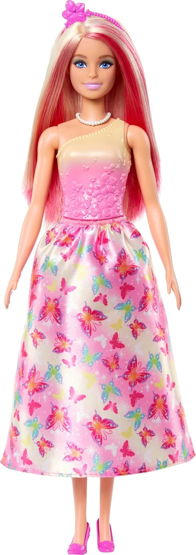 Royal Barbie Doll med blont och rosa snyggt hår, färgglada accessoarer, rosa gradienttopp och fjärilskjol, HRR08 Naty Shop Dolls