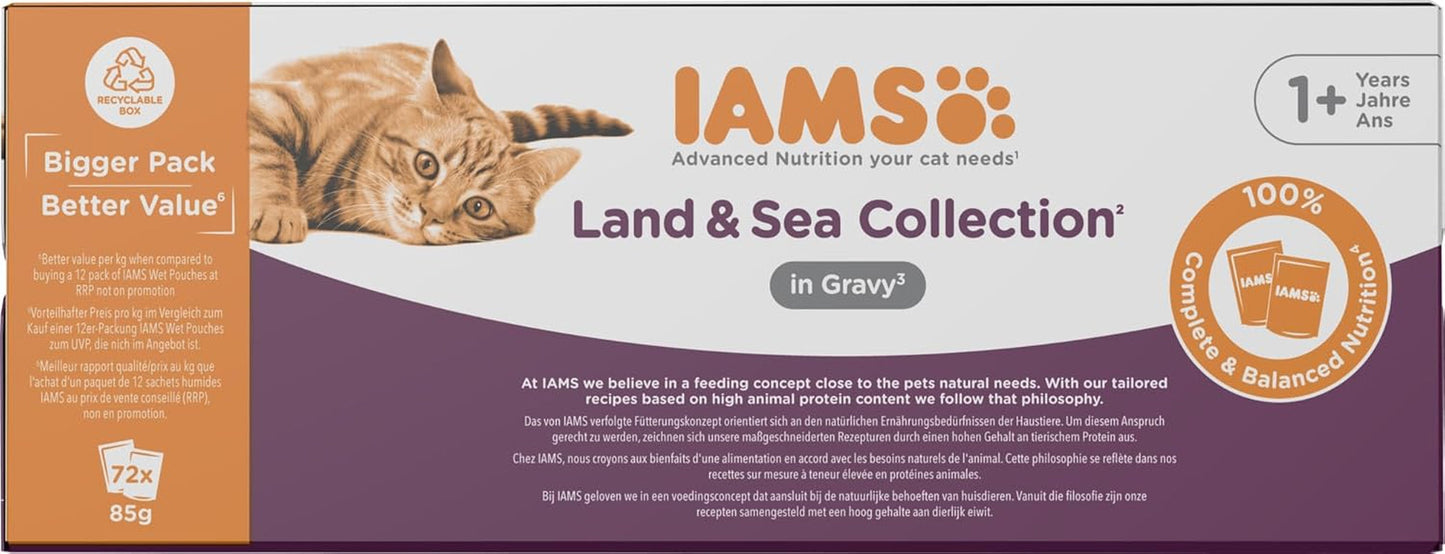IAMS Delights Land & Sea Collection Wet Cat Food - Kött & Fisksortiment Multipack i sås, våtfoder för katter från 1 år, 72 x 85g