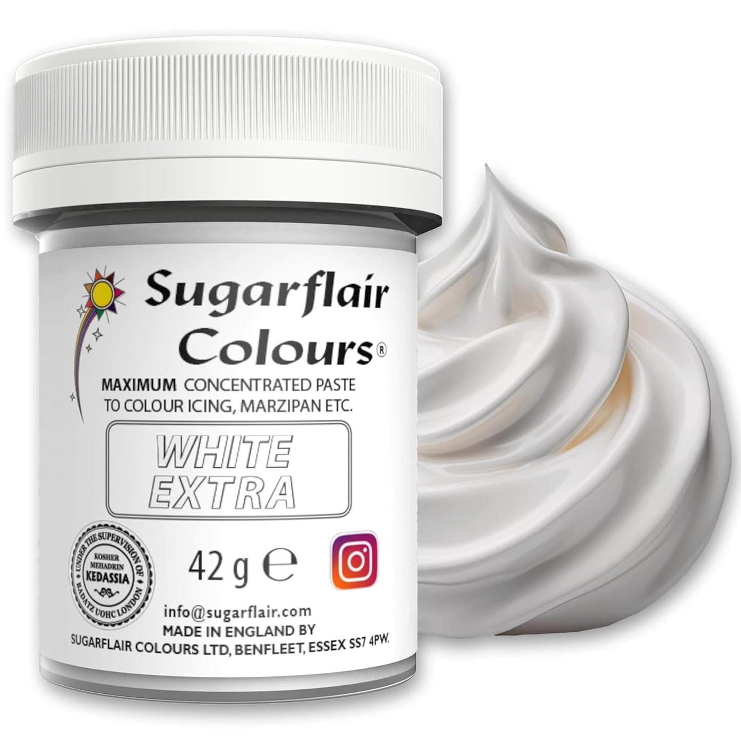 Matfärg Sugarflair Max Concentrated White Extra, högkoncentrerad karamellfärg för marsipan och fondant, pastafärgning Max Concentrate - 42 g