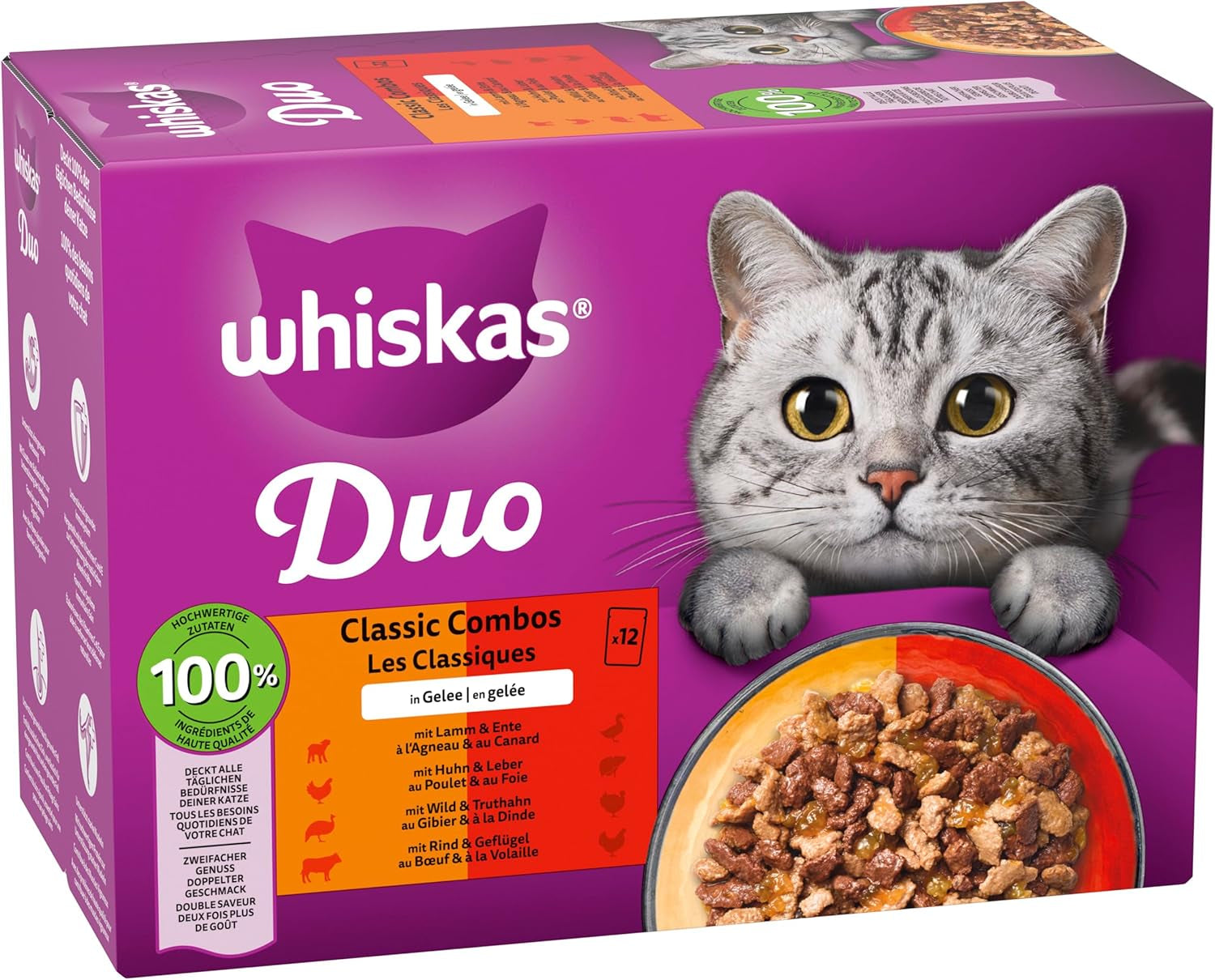 WHISKAS Duo-påsar för våtfoderportioner, multipack, klassisk kombination i gelé, 12 x 85 g