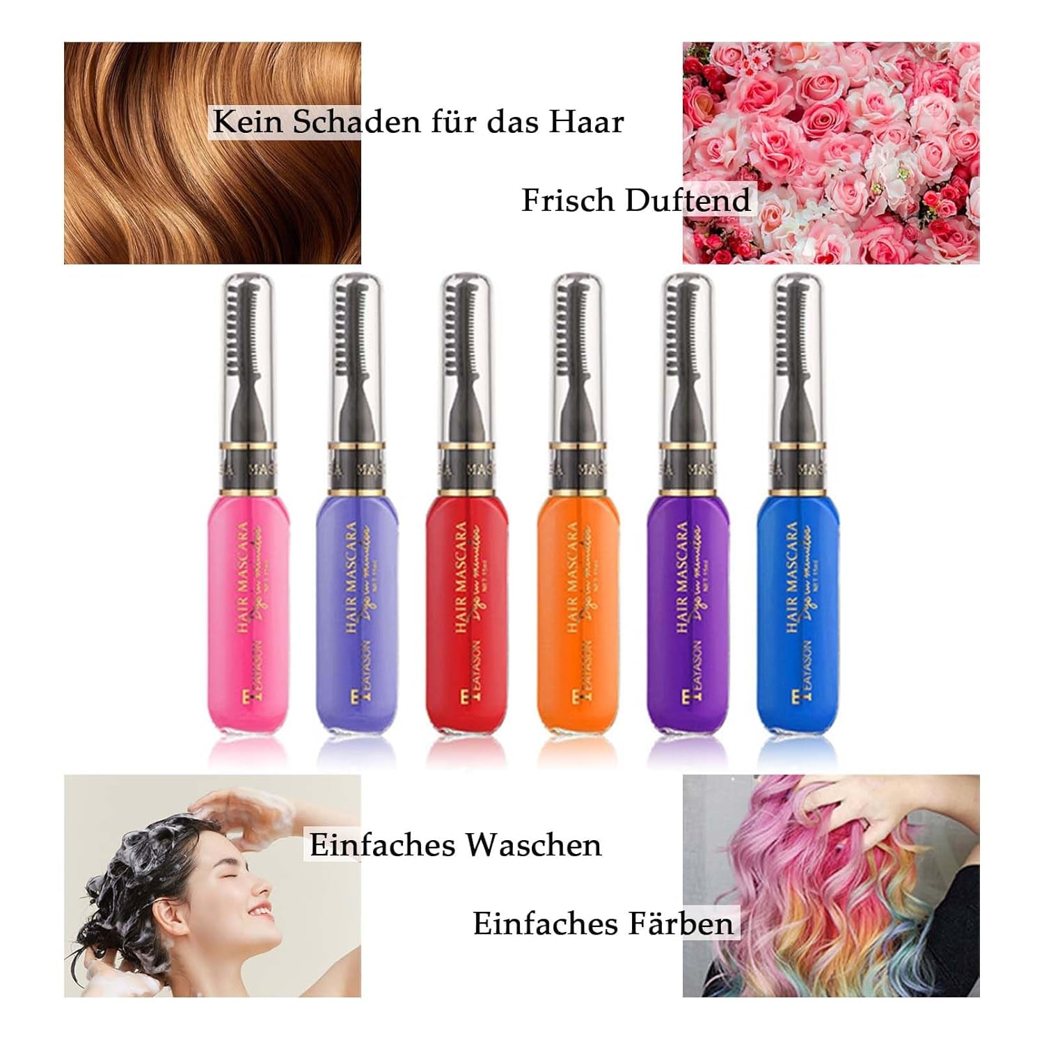 Instant Hair Dye 6 Colors Temporary Hair Mascara för flickor och kvinnor Tvättbart hår Krita Rainbow Hair Mascara Hårfärgning för Carnival Halloween Cosplay Party Födelsedag (A) Naty Shop Hårfärgning