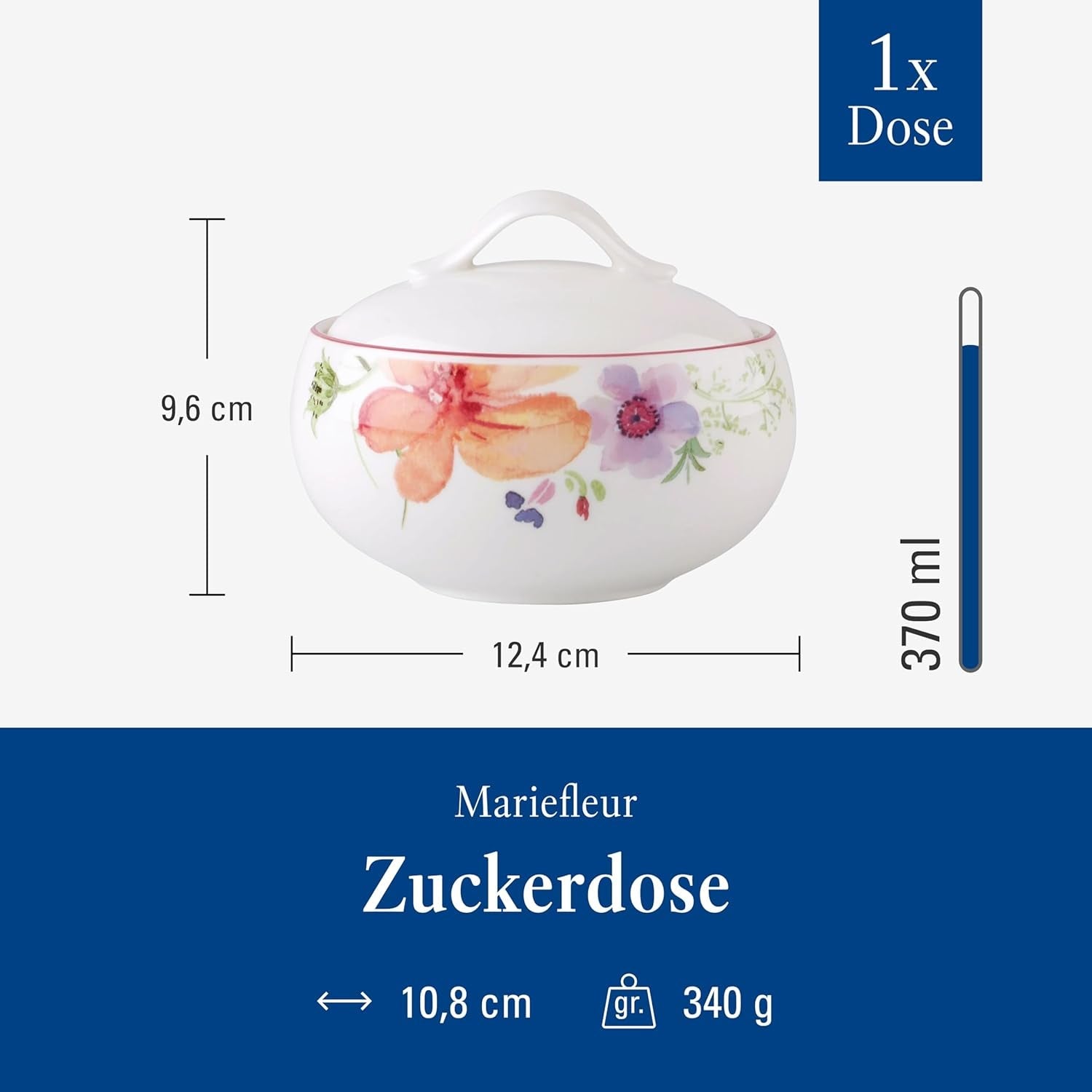 Villeroy & Boch - Mariefleur sockerskål, olika färger, diskmaskinssäker, mikrovågssäker, sockerskål med lock, sockerskål, förvaring, kaffetillbehör, blommig servis, premiumporslin