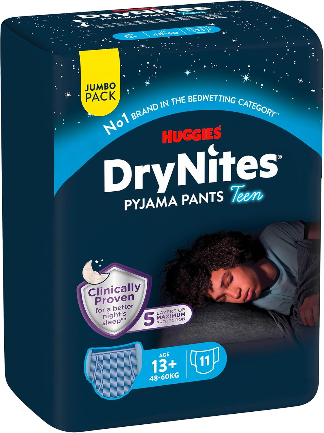 Huggies DryNites nattblöjor för sängvätning, pojkar 13-ca 17 år (48-60 kg), 33 Count (3x11), Jumbo månadspaket, XL-trosor