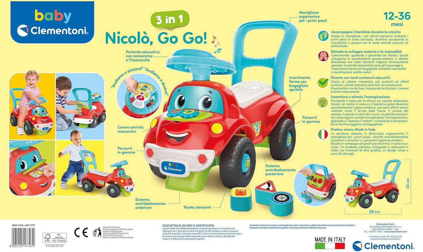 Clementoni - 17747 - Nicolò Go Go 3 i 1 - Åkbil, elektronisk inlärningshögtalare, första steg, ljus och ljud, spel för 1-åringar - Tillverkat i Italien Bebe Toys Naty Shop