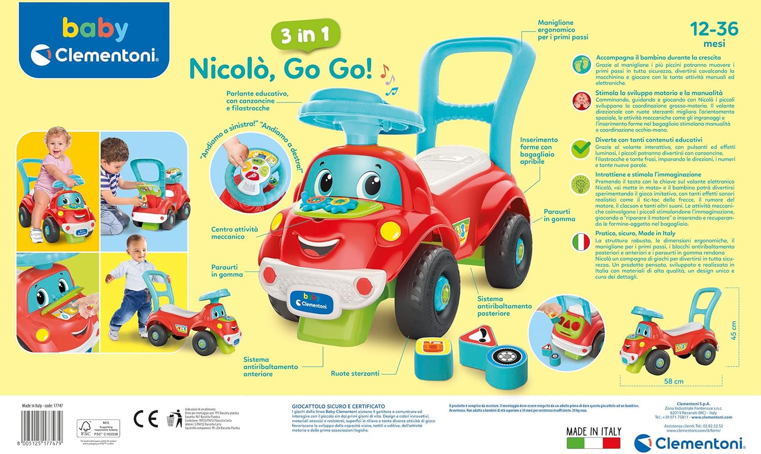 Clementoni - 17747 - Nicolò Go Go 3 i 1 - Åkbil, elektronisk inlärningshögtalare, första steg, ljus och ljud, spel för 1-åringar - Tillverkat i Italien Bebe Toys Naty Shop